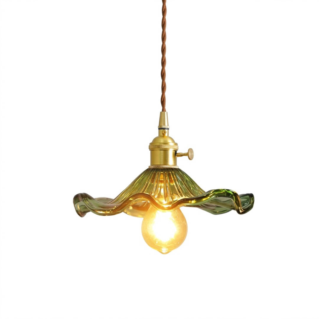Bloom green glass flower pendant light mini brass hanging lamp white background