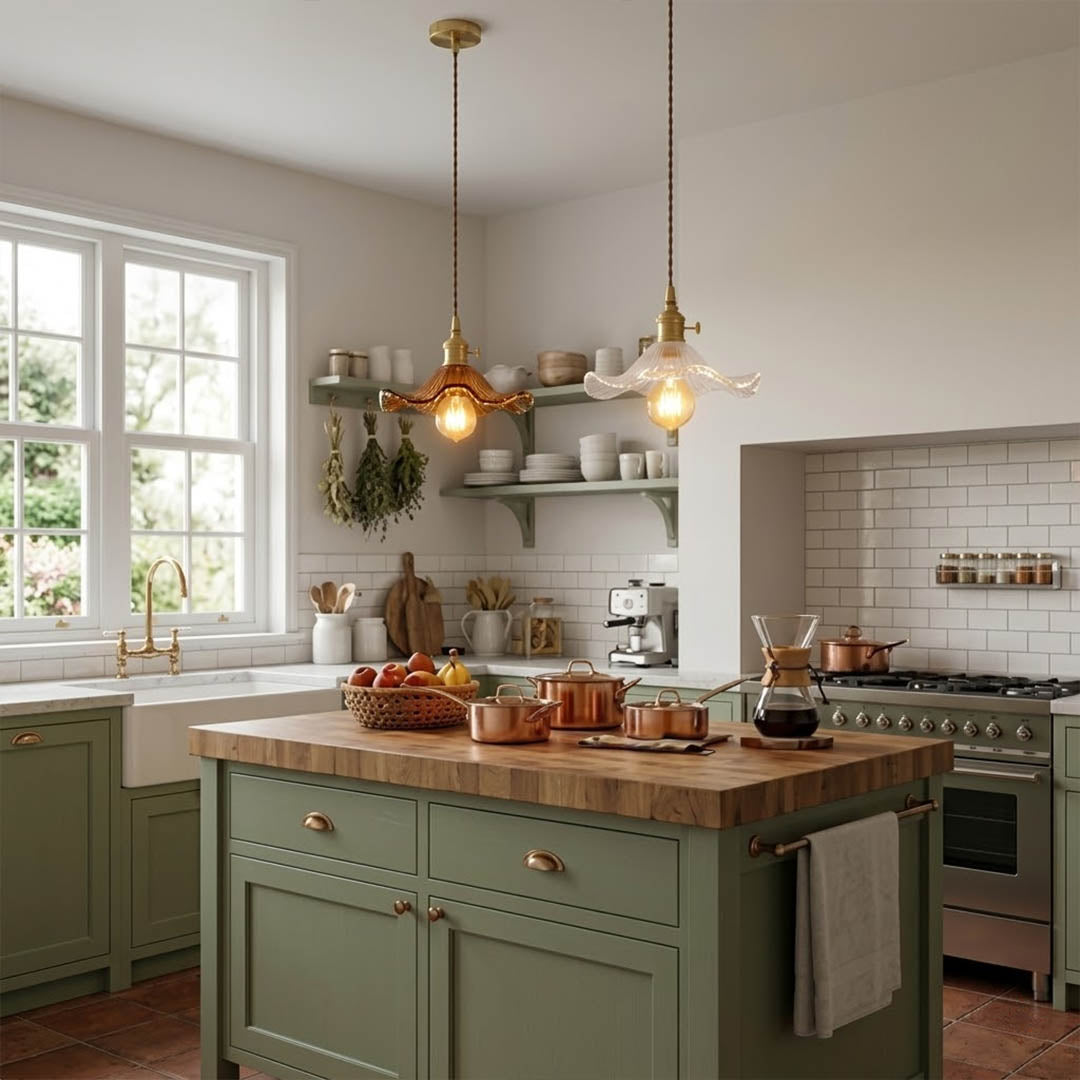 Bloom glass flower pendant lights cluster above kitchen island warm glow interior