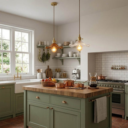 Bloom glass flower pendant lights cluster above kitchen island warm glow interior