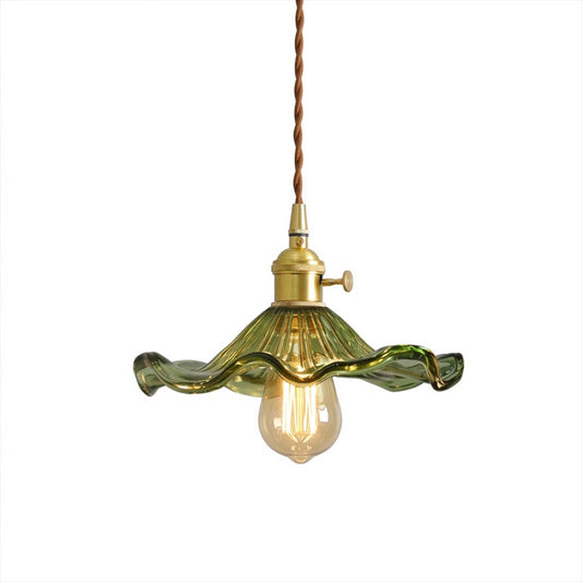 Bloom green glass flower pendant light mini brass hanging lamp white background