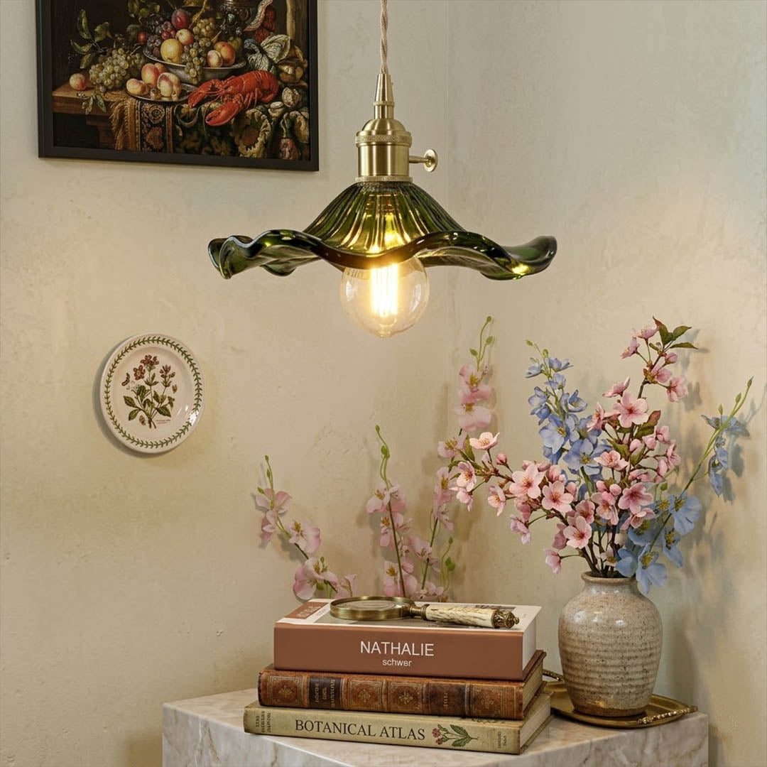 Bloom glass flower pendant light petal shaped shade brass detail close up
