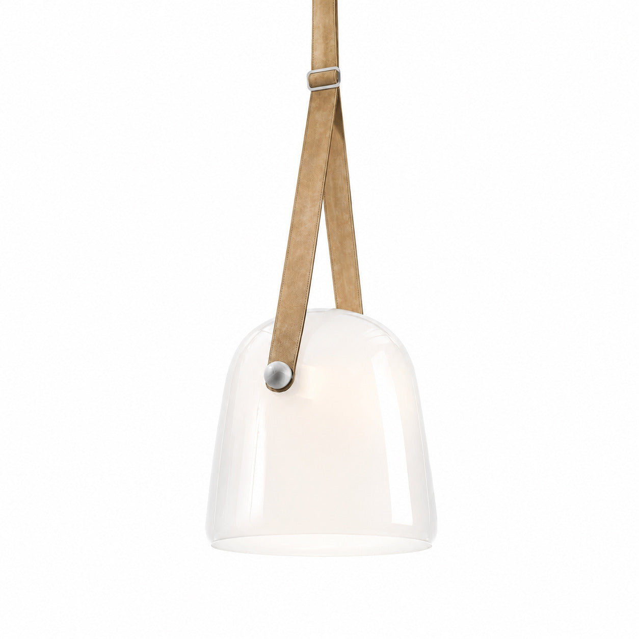 Bolla glass pendant light white handblown glass shade leather strap mid century white background front view