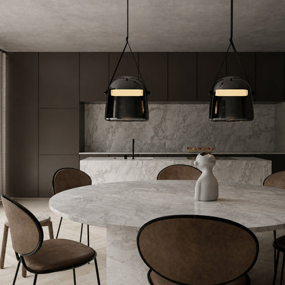 Bolla glass pendant light dining table bar top illuminated warm glow glass leather strap American home lifestyle interior styled