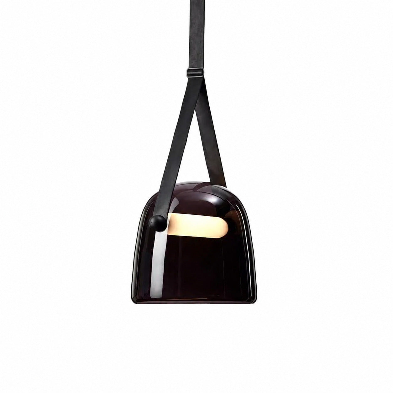 Bolla glass pendant light gray handblown glass shade leather strap mid century white background front view