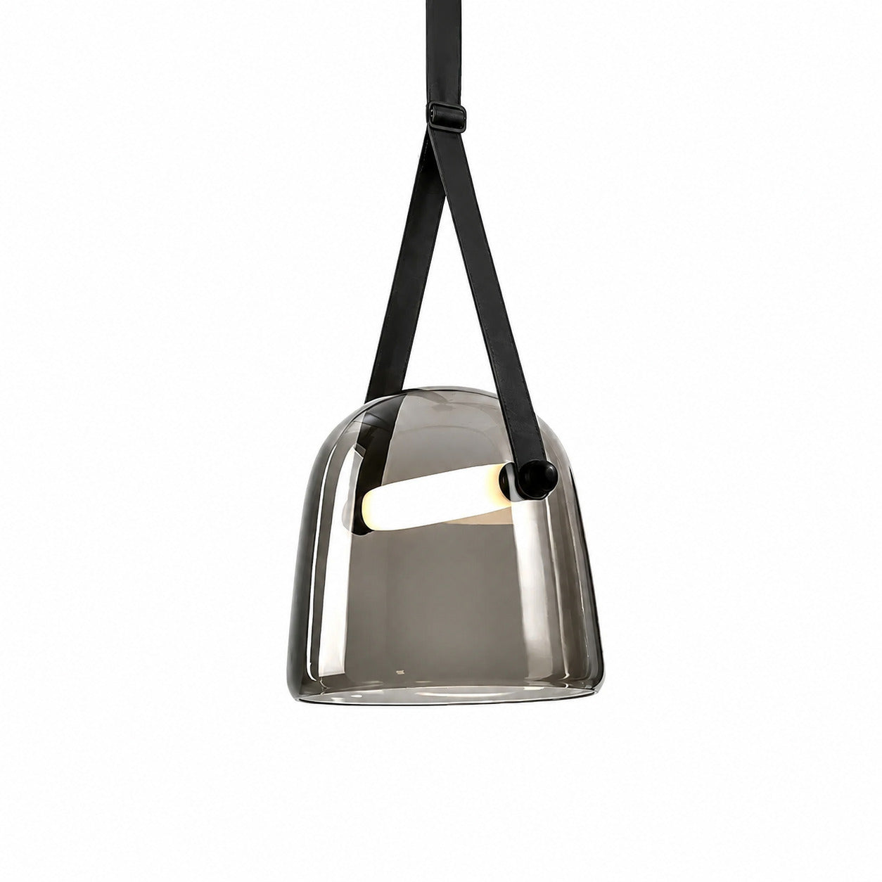 Bolla glass pendant light gray handblown glass shade leather strap mid century white background front view