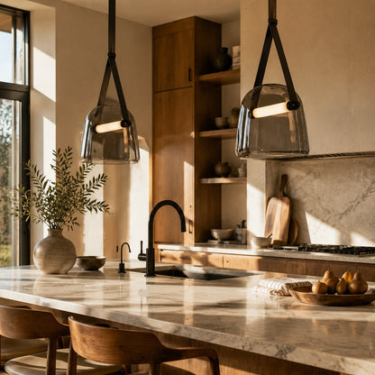 Bolla glass pendant light kitchen island counter illuminated warm glow handblown glass mid century American home lifestyle interior styled