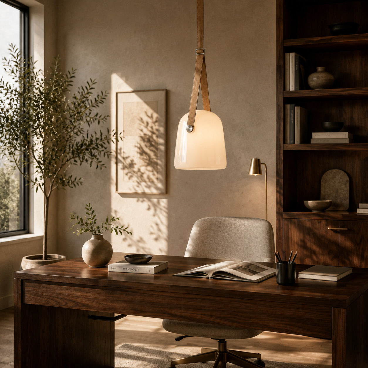Bolla glass pendant light dining table bar top illuminated warm glow glass leather strap American home lifestyle interior styled