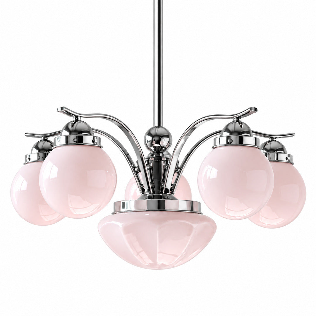 Bolla glass chandelier with rounded opal globe shades on curved arms glowing warm over a dining table