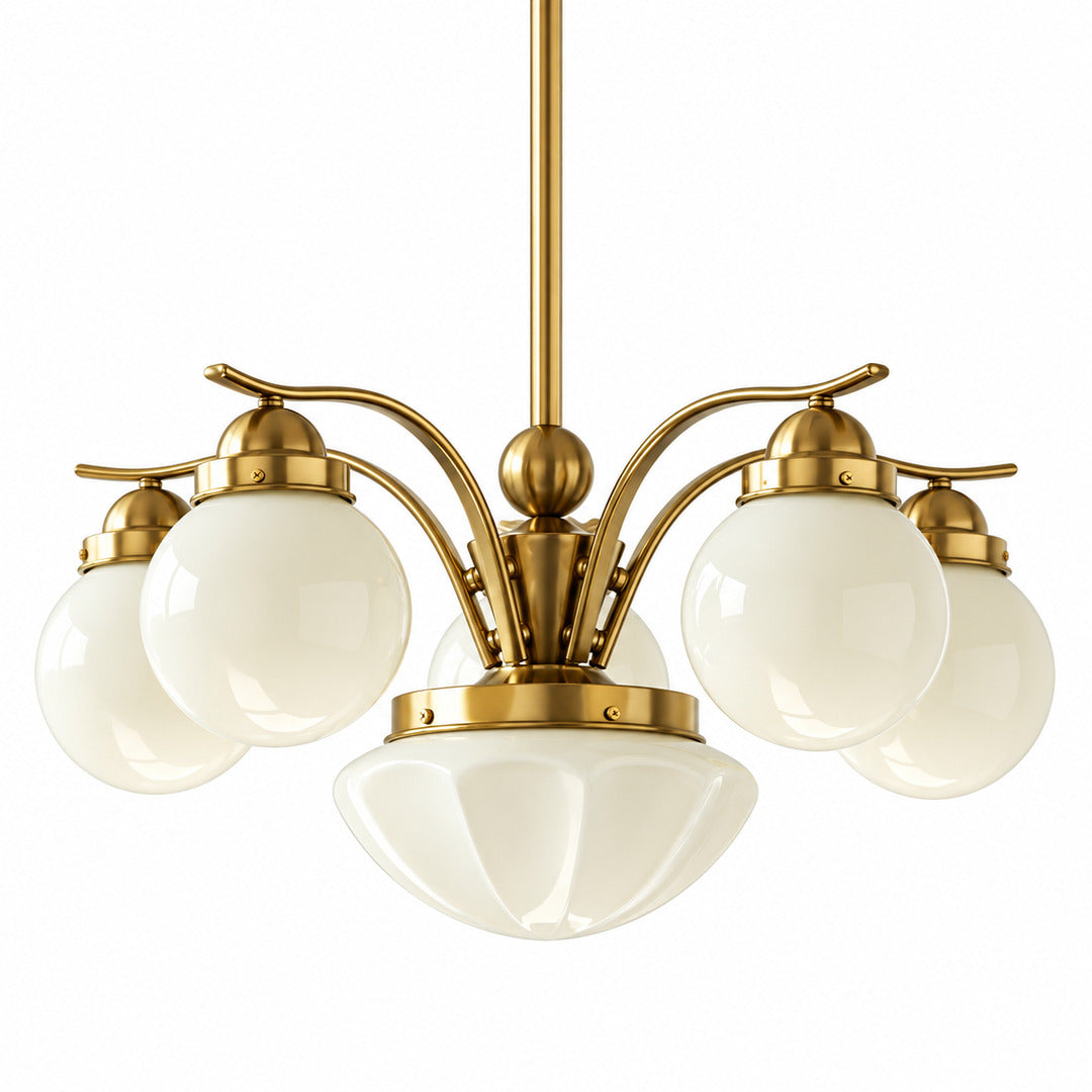 Six-light gold and beige Bolla globe glass chandelier in a warm living room