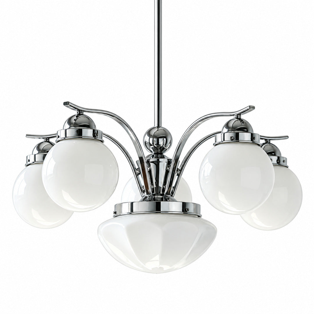 Six-light chrome and white Bolla globe glass chandelier over a large dining table
