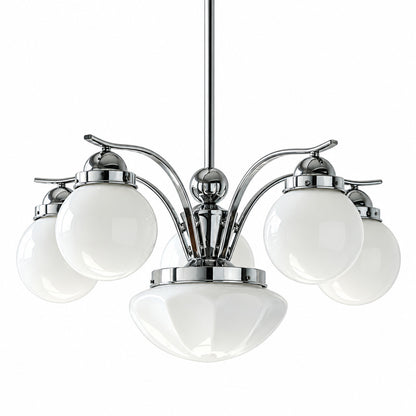 Six-light chrome and white Bolla globe glass chandelier over a large dining table