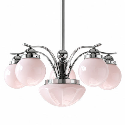 Six-light chrome and pink Bolla globe glass chandelier as a bold playful statement