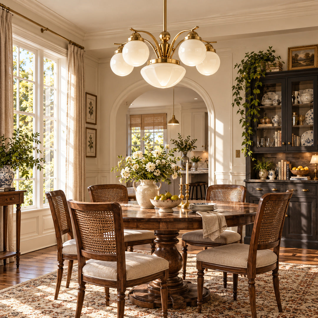 Bolla globe glass chandelier casting warm light over a mid-century dining room table