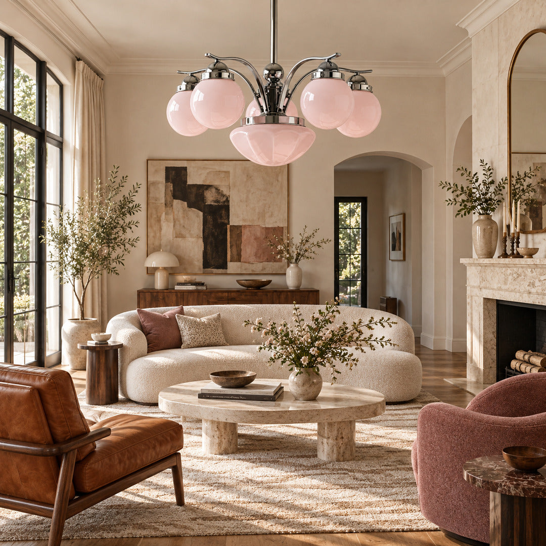 Bolla globe glass chandelier as a warm retro centerpiece in a modern living room