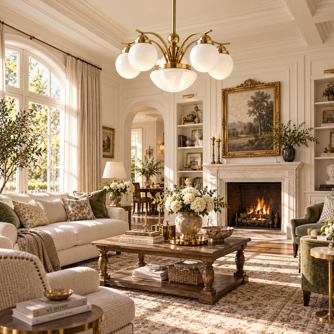 Bolla globe glass chandelier as a warm retro centerpiece in a modern living room