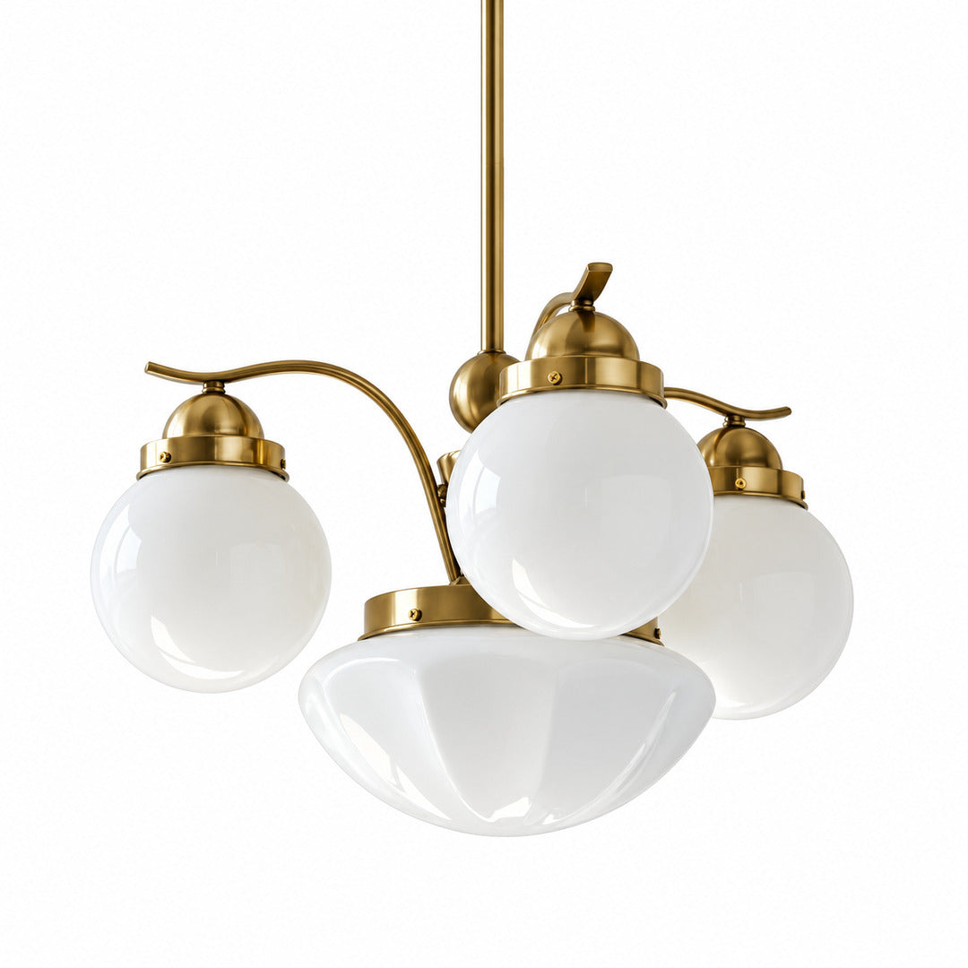 Four-light gold and white Bolla globe glass chandelier over a dining table