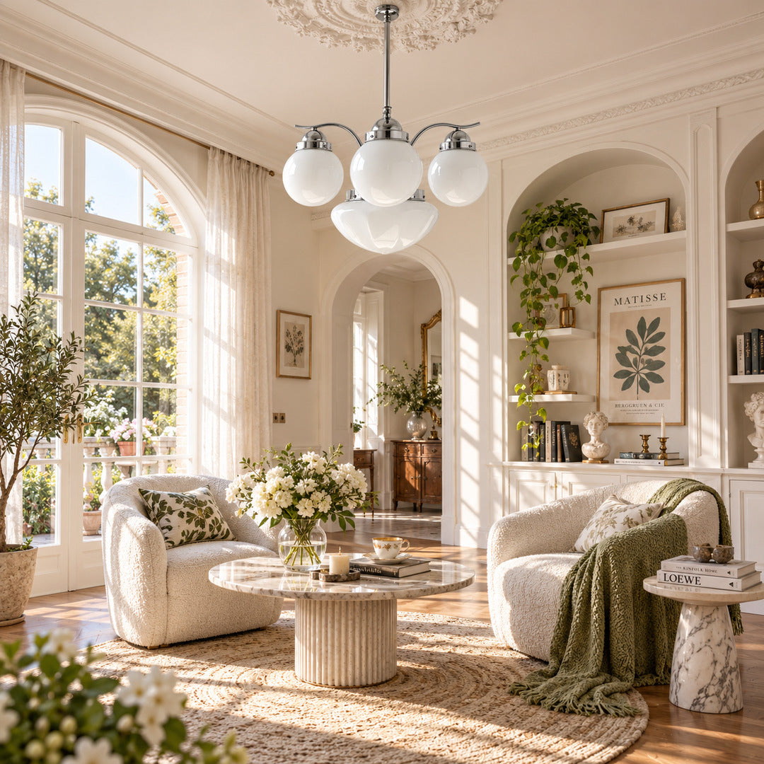 Bolla globe glass chandelier as a warm retro centerpiece in a modern living room