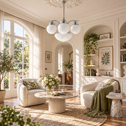 Bolla globe glass chandelier as a warm retro centerpiece in a modern living room