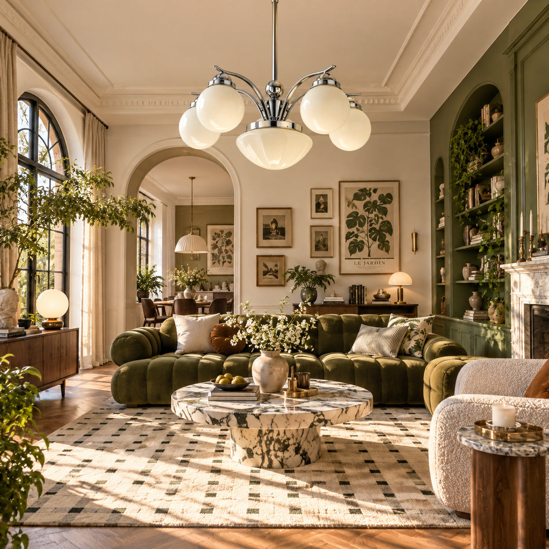 Bolla globe glass chandelier as a warm retro centerpiece in a modern living room