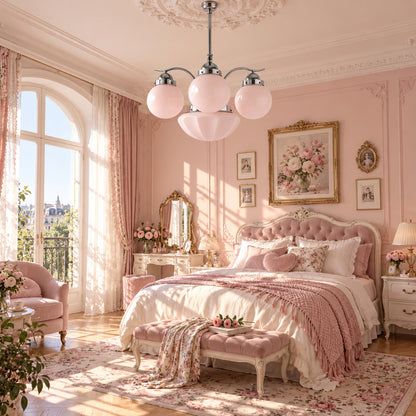 Bolla globe glass chandelier adding a soft warm glow above a modern bedroom