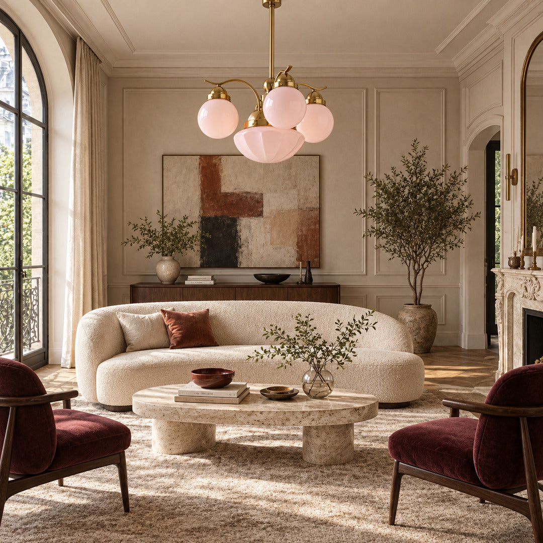Bolla globe glass chandelier as a warm retro centerpiece in a modern living room