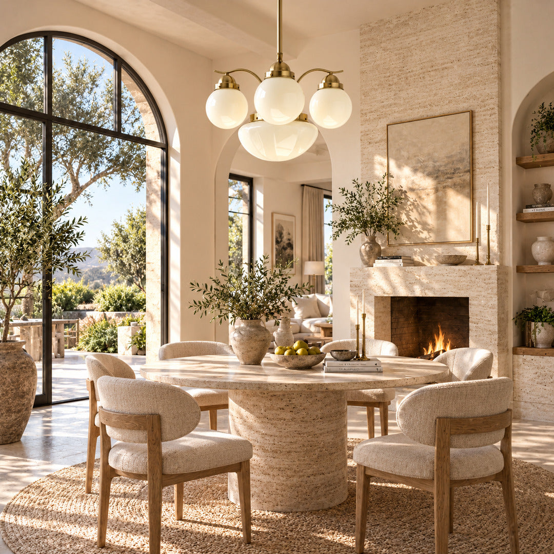 Bolla globe glass chandelier casting warm light over a mid-century dining room table