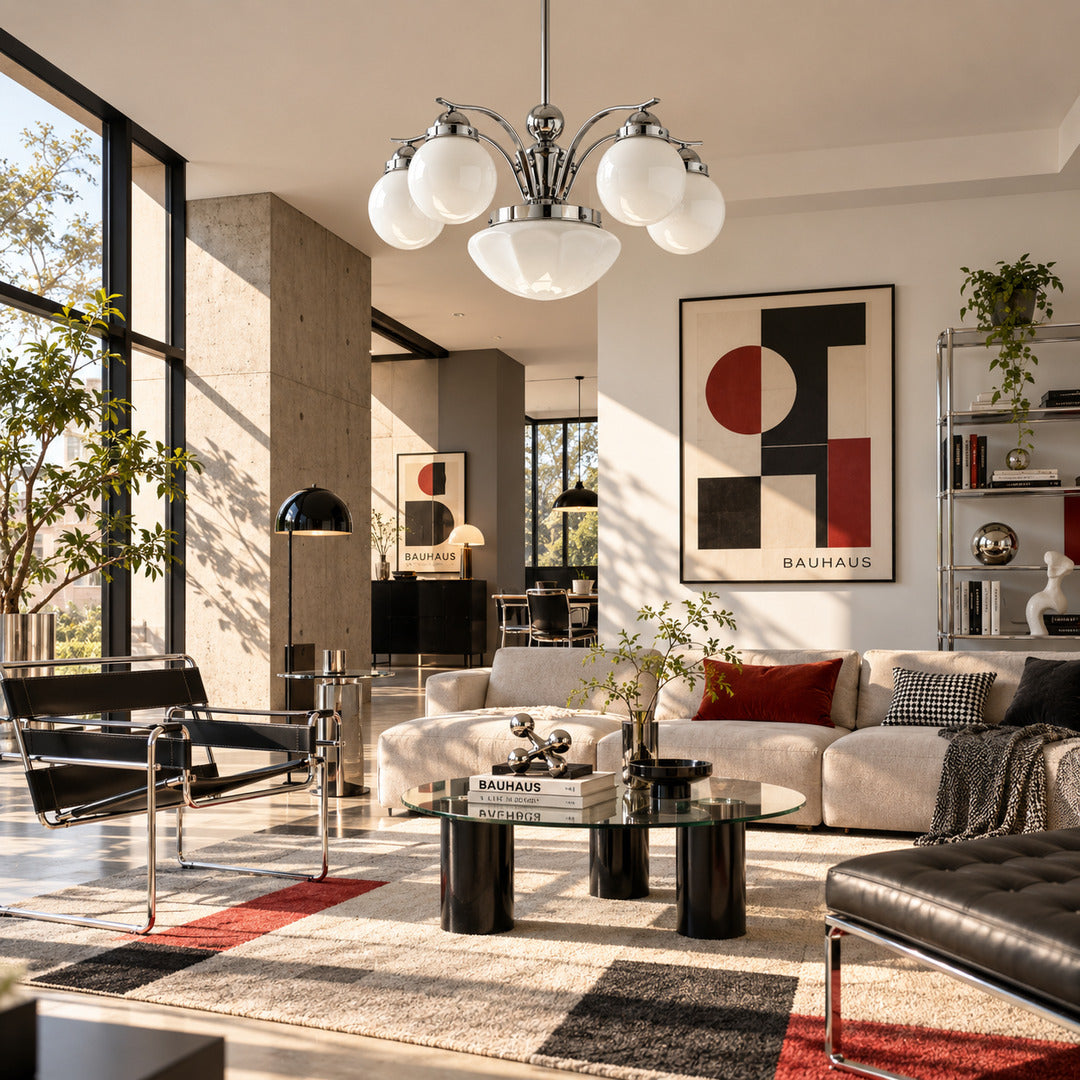 Bolla globe glass chandelier casting warm light over a mid-century dining room table