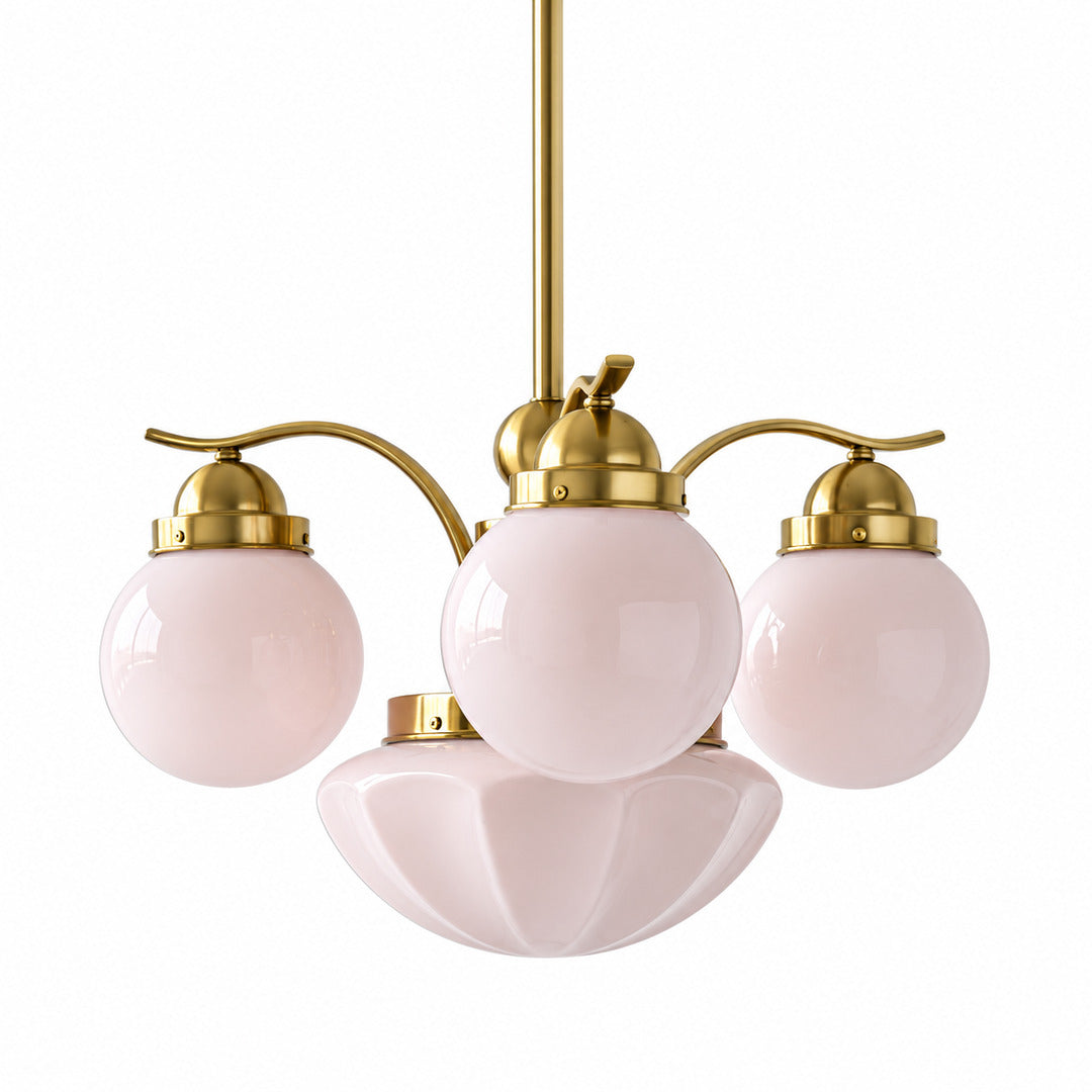 Four-light gold and pink Bolla globe glass chandelier as a soft playful centerpiece