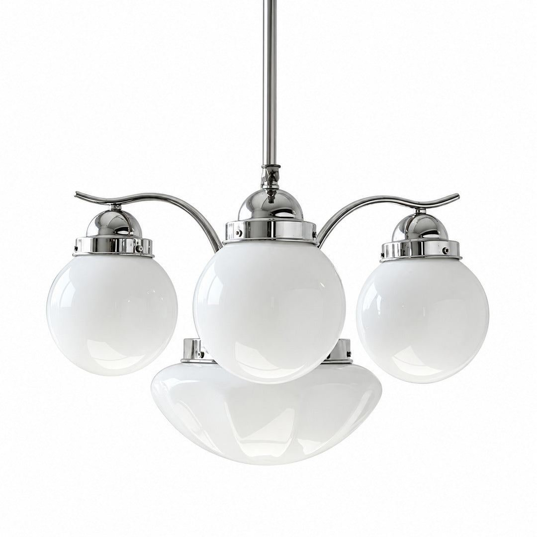 Four-light chrome and white Bolla globe glass chandelier over a round dining table
