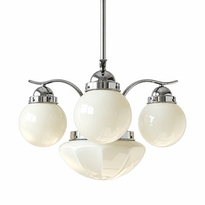 Four-light chrome and beige Bolla globe glass chandelier in a warm dining room