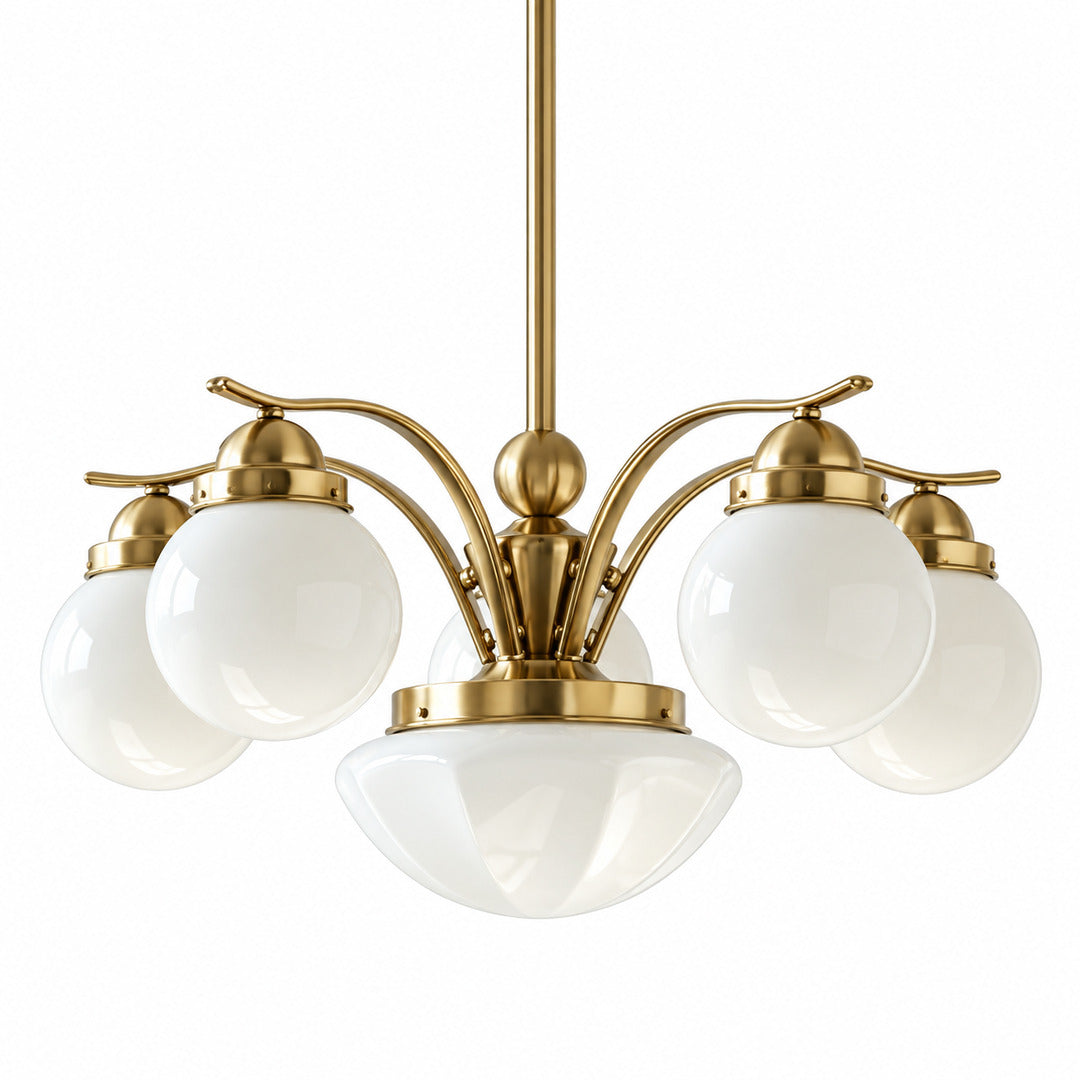 Six-light gold and beige Bolla globe glass chandelier in a warm living room