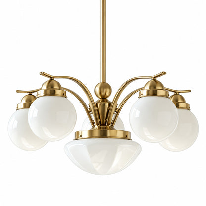 Six-light gold and beige Bolla globe glass chandelier in a warm living room