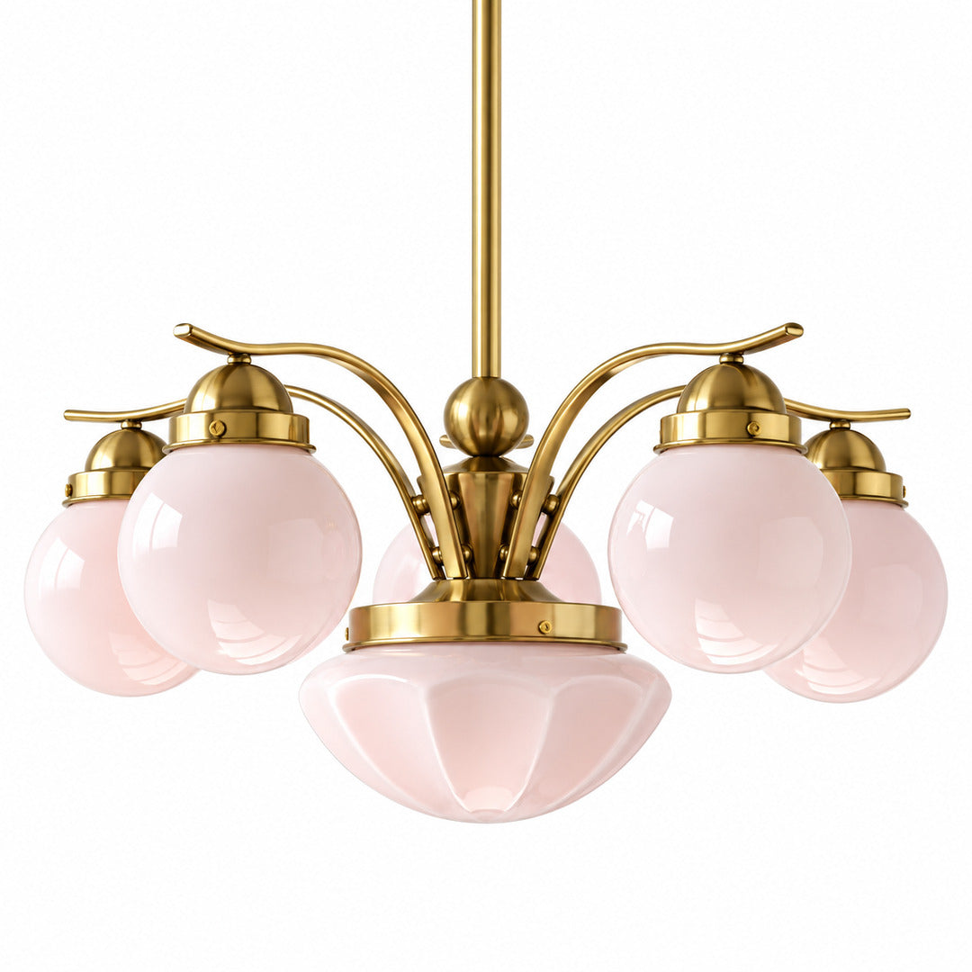 Six-light gold and pink Bolla globe glass chandelier as a glamorous mid-century centerpiece