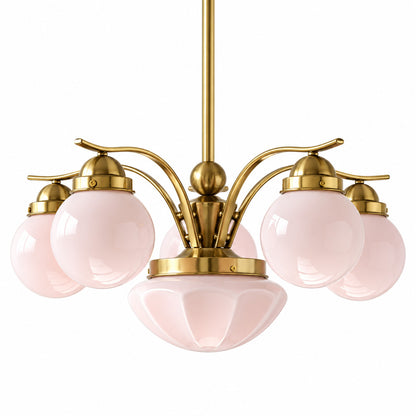 Six-light gold and pink Bolla globe glass chandelier as a glamorous mid-century centerpiece