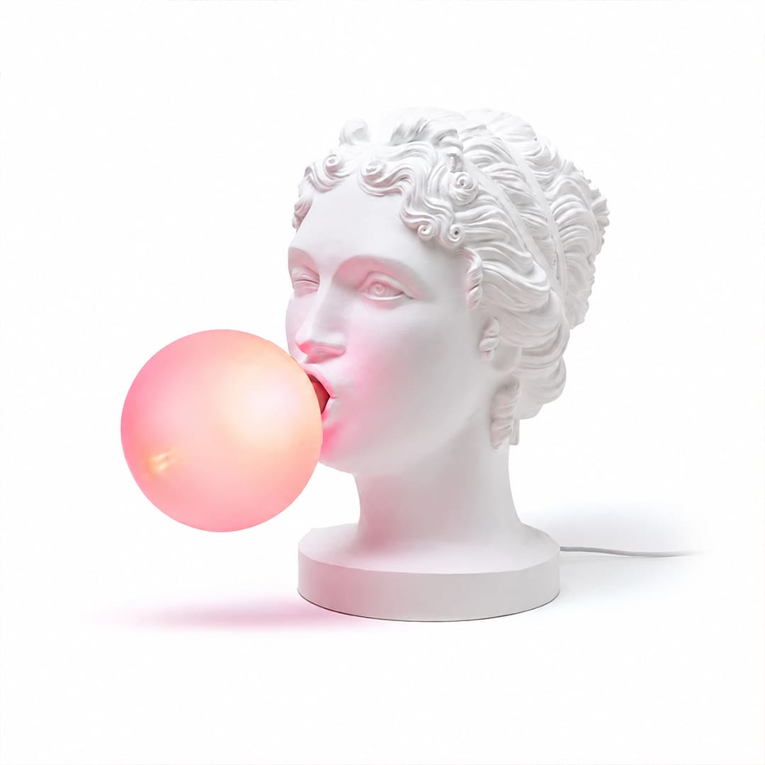 Bolla table lamp Woman portrait bust white resin pink glass bubble gum bubble shade 16.5 inch pop art sculptural whimsical statement designer white background