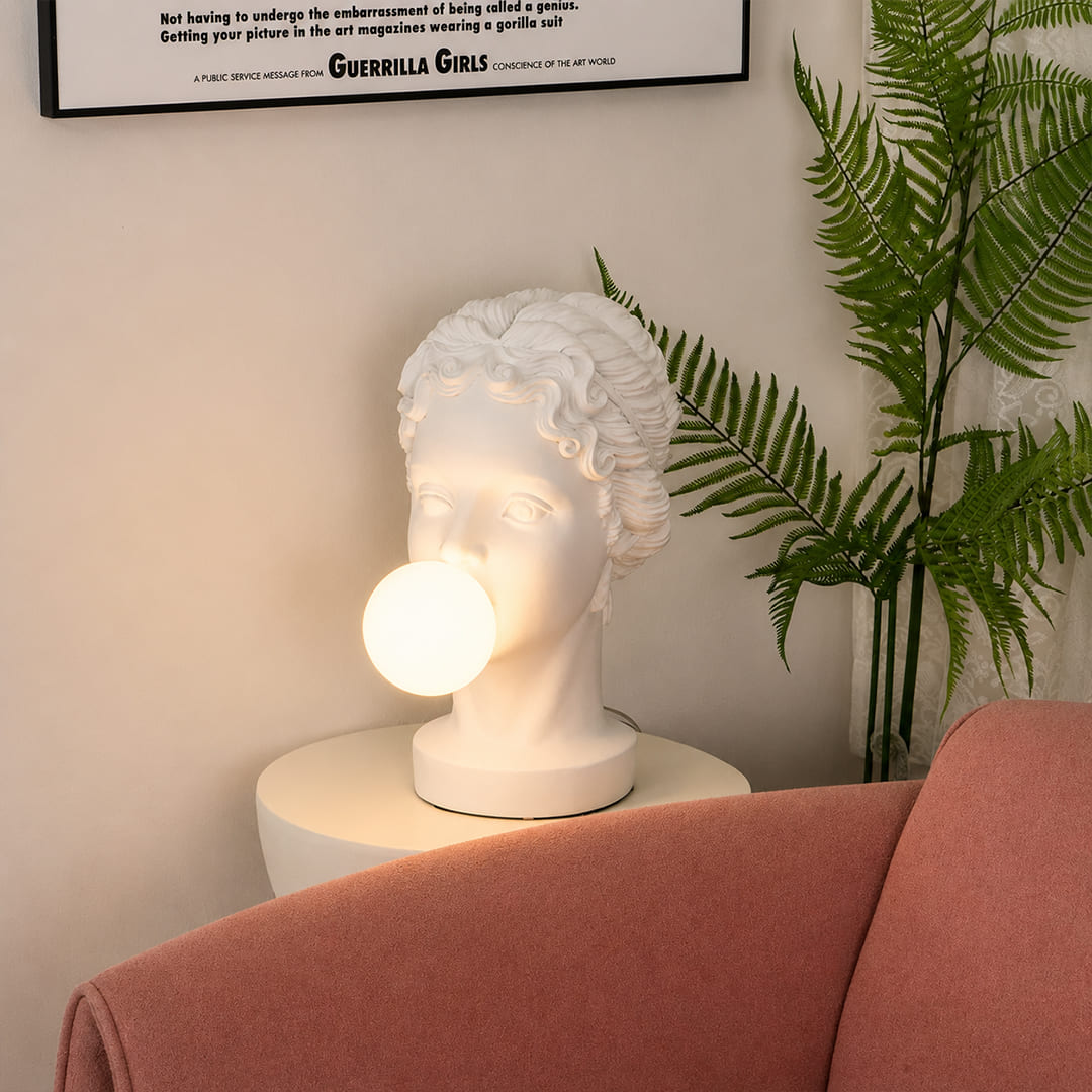 Bolla table lamp Woman modern entryway foyer console table welcome white resin pink bubble pop art sculptural whimsical statement conversation starter lifestyle interior American home