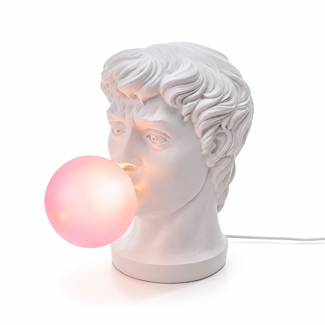 Bolla table lamp Man portrait bust white resin pink glass bubble gum bubble shade 16.5 inch pop art sculptural whimsical statement designer white background
