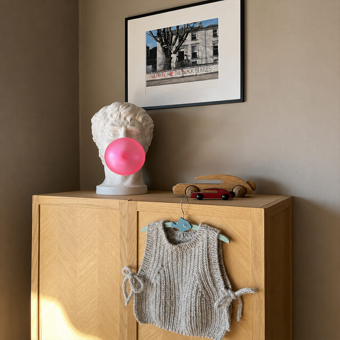 Bolla table lamp Woman modern entryway foyer console table welcome white resin pink bubble pop art sculptural whimsical statement conversation starter lifestyle interior American home