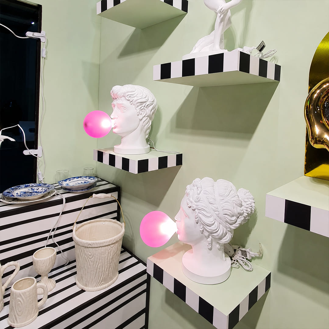 Bolla table lamp Man Woman pair matched bedroom dresser both variants together white resin pink bubble pop art sculptural whimsical statement coordinated conversation starter lifestyle interior American home
