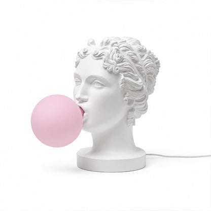 Bolla table lamp Woman portrait bust white resin pink glass bubble gum bubble shade 16.5 inch pop art sculptural whimsical statement designer white background