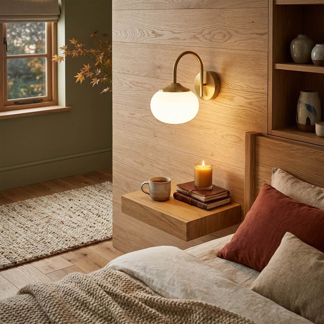 Bonbon wall sconce pair flanking bed pink glass globe warm glow bedroom interior