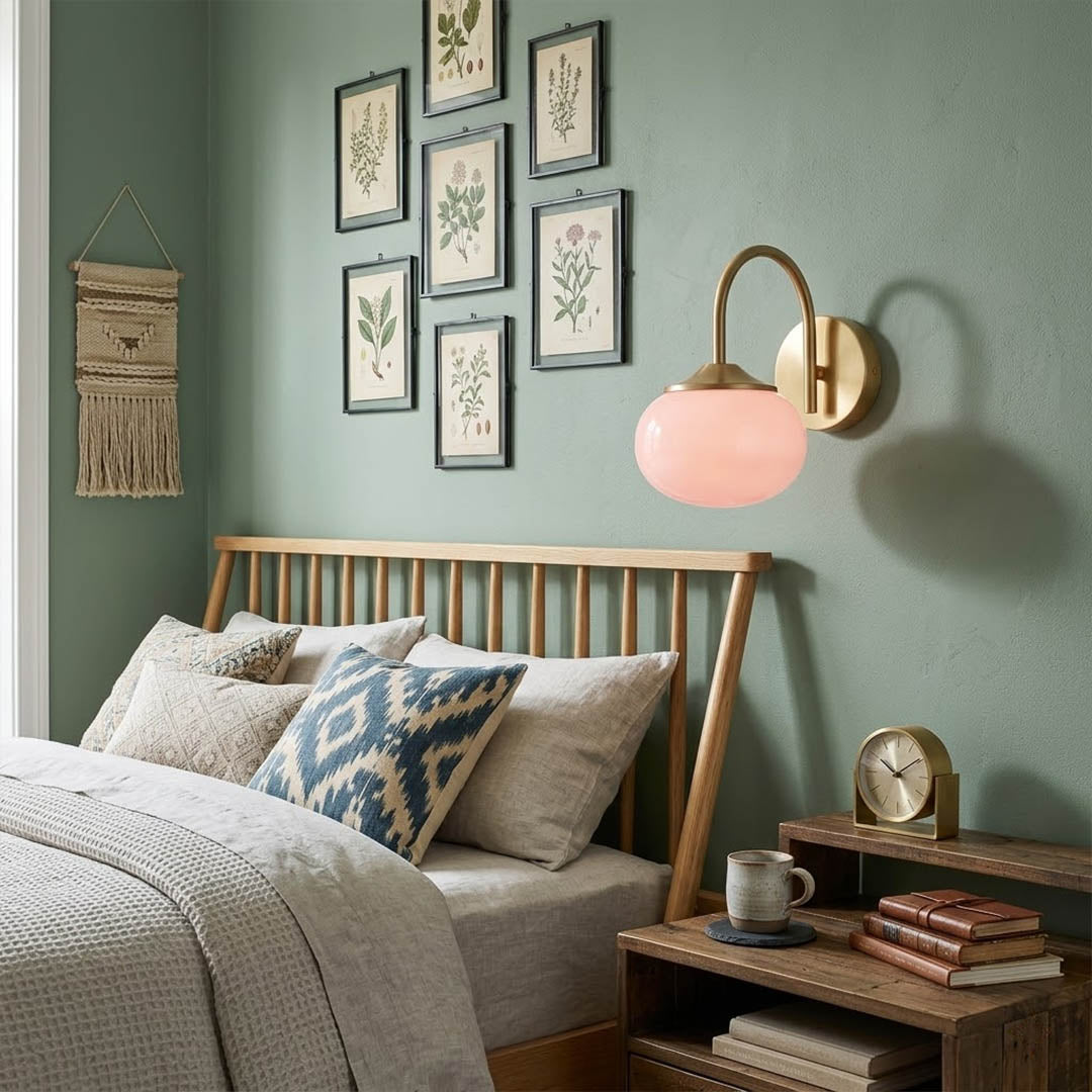 Bonbon wall sconce pair flanking bed pink glass globe warm glow bedroom interior
