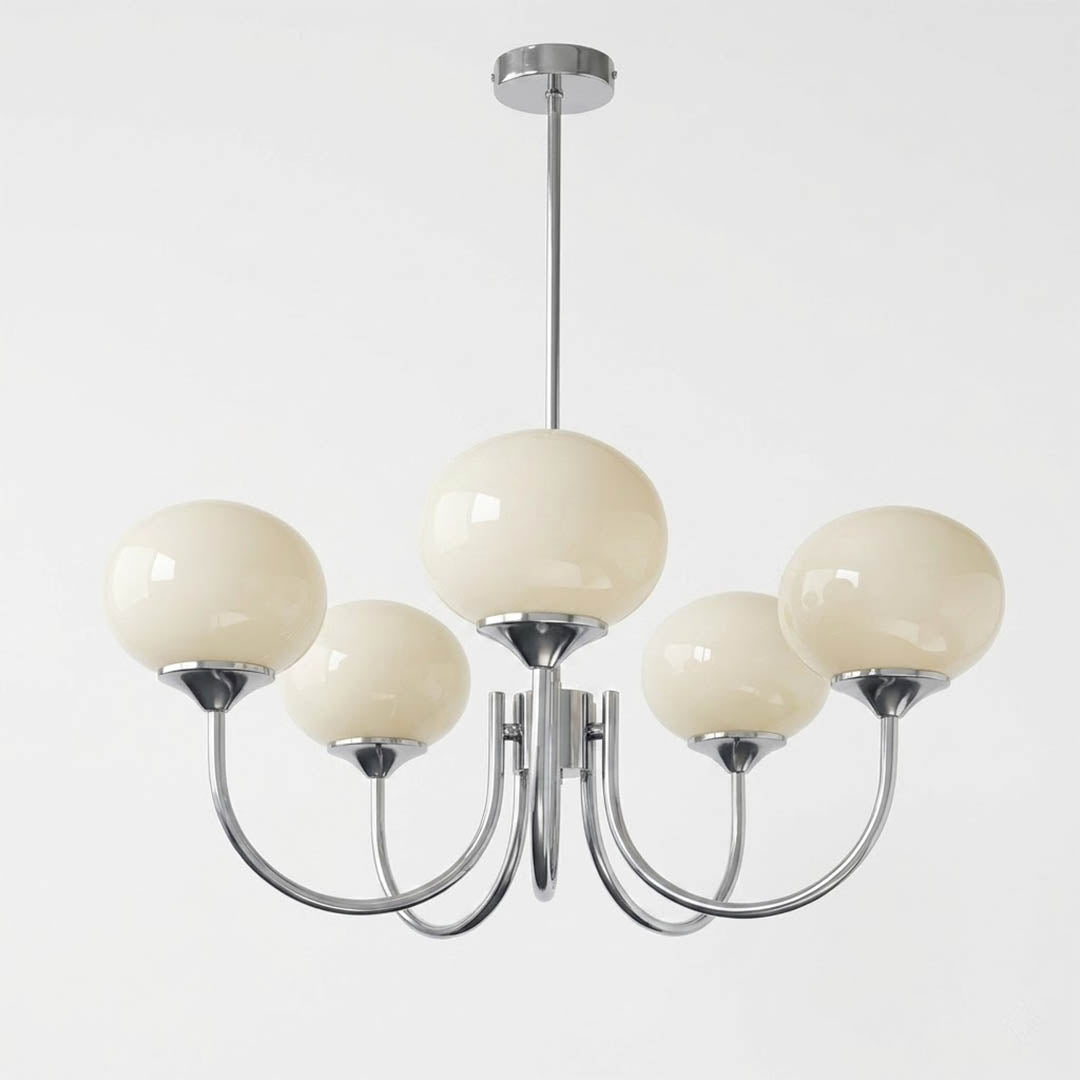 Bonbon chandelier 5-light chrome white glass globe cluster white background
