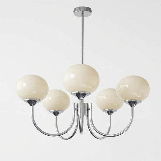 Bonbon chandelier 5-light chrome white glass globe cluster white background