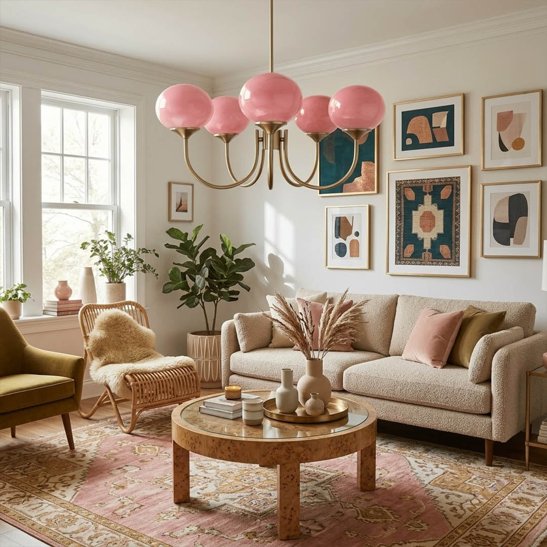 Bonbon glass globe chandelier above dining table warm glow modern interior