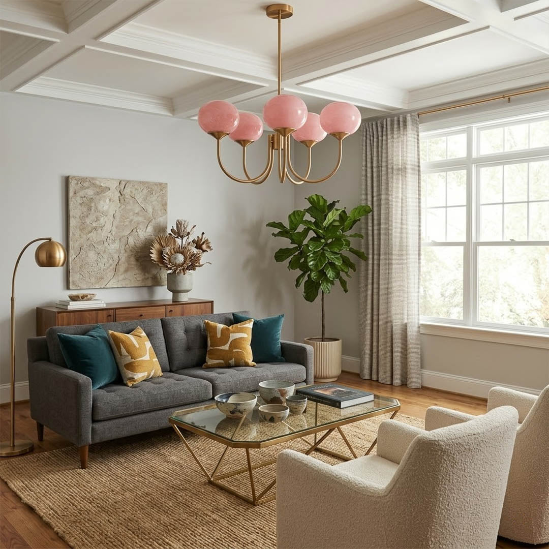 Bonbon glass globe chandelier above dining table warm glow modern interior
