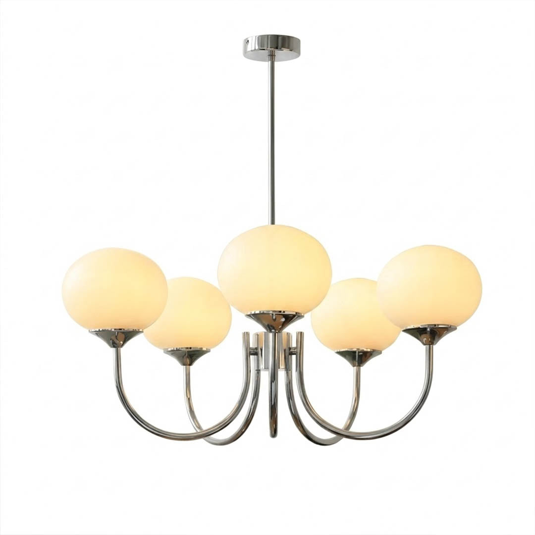Bonbon chandelier 5-light chrome white glass globe cluster white background