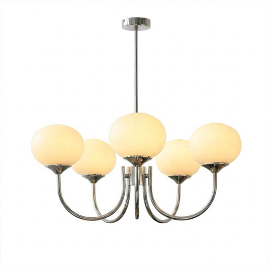 Bonbon chandelier 5-light chrome white glass globe cluster white background
