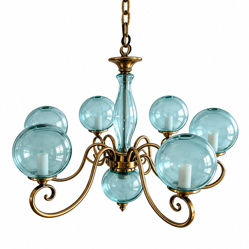 Seven-light blue Boule glass chandelier in a spacious living room