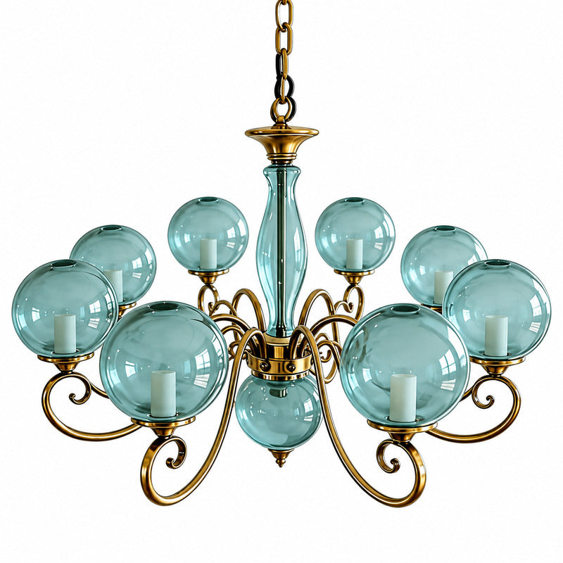 Grand nine-light blue Boule glass chandelier as a bold statement in a stairwell